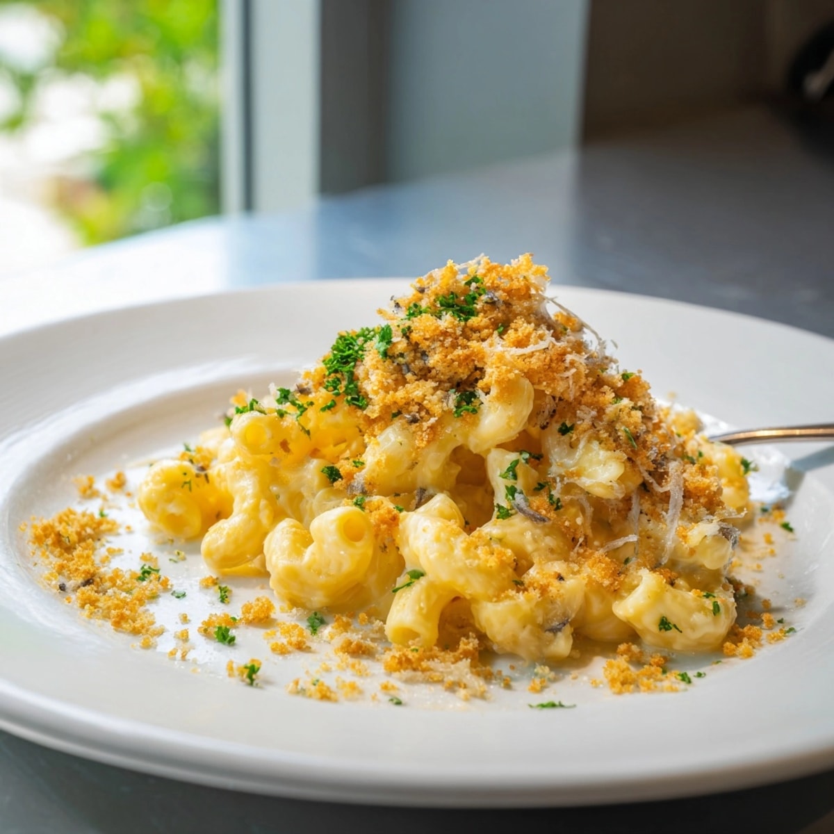 Homemade Mac and Cheese with Sardines baking in dish, ready to serve hot.