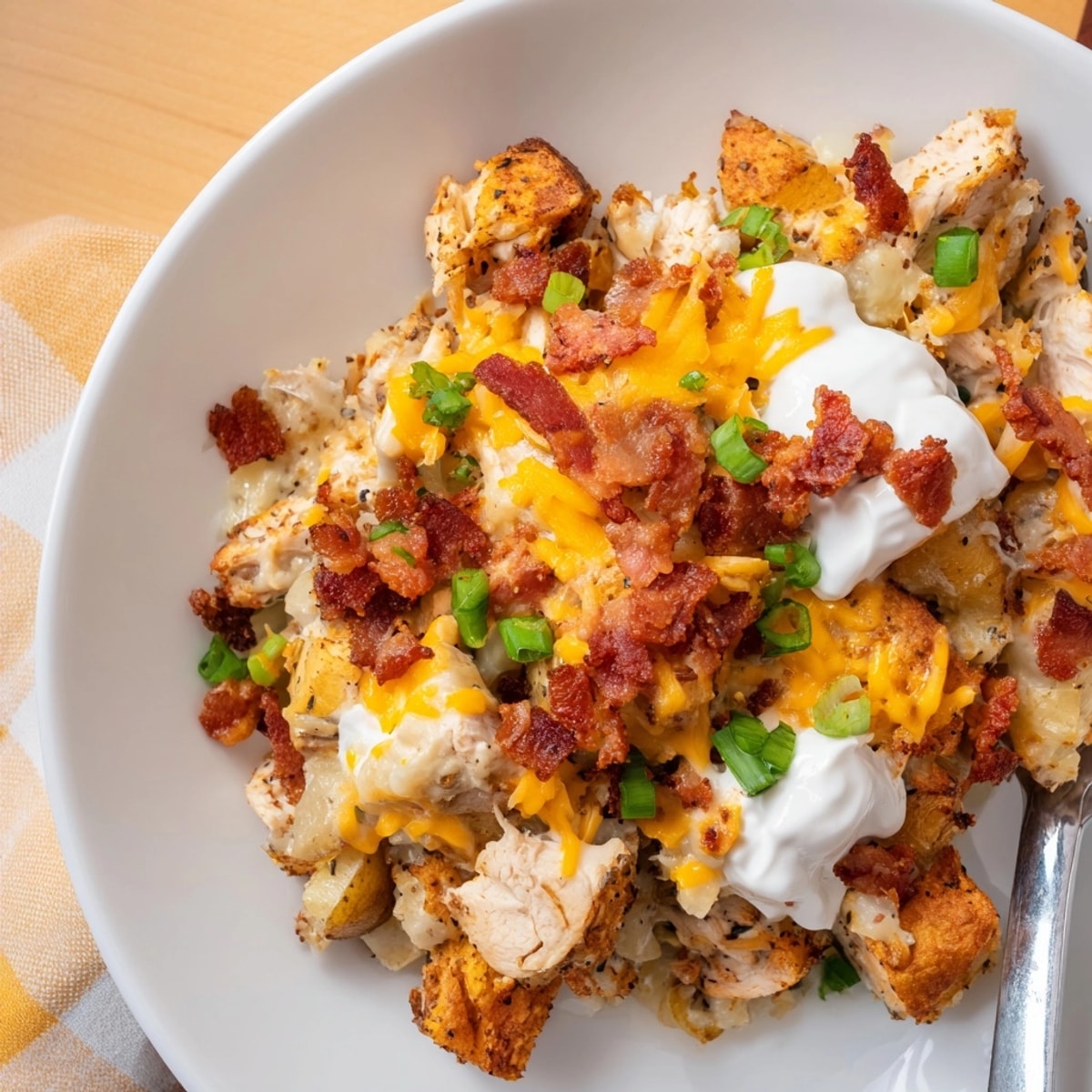 Golden Cajun Chicken Loaded Potato Bake bubbling hot, topped with cheddar, bacon.