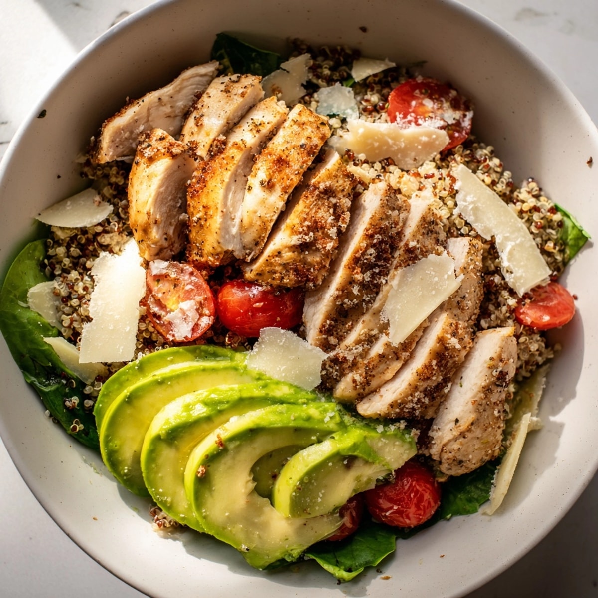 Deconstructed Avocado Chicken Caesar Grain Bowl showcasing textures of grains, avocado, and dressing.