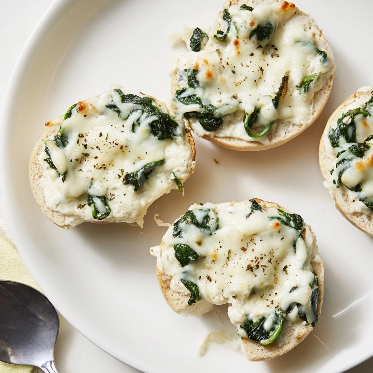 Alfredo Spinach Pizza Bagel Bites: Golden, cheesy mini pizzas with vibrant green spinach.