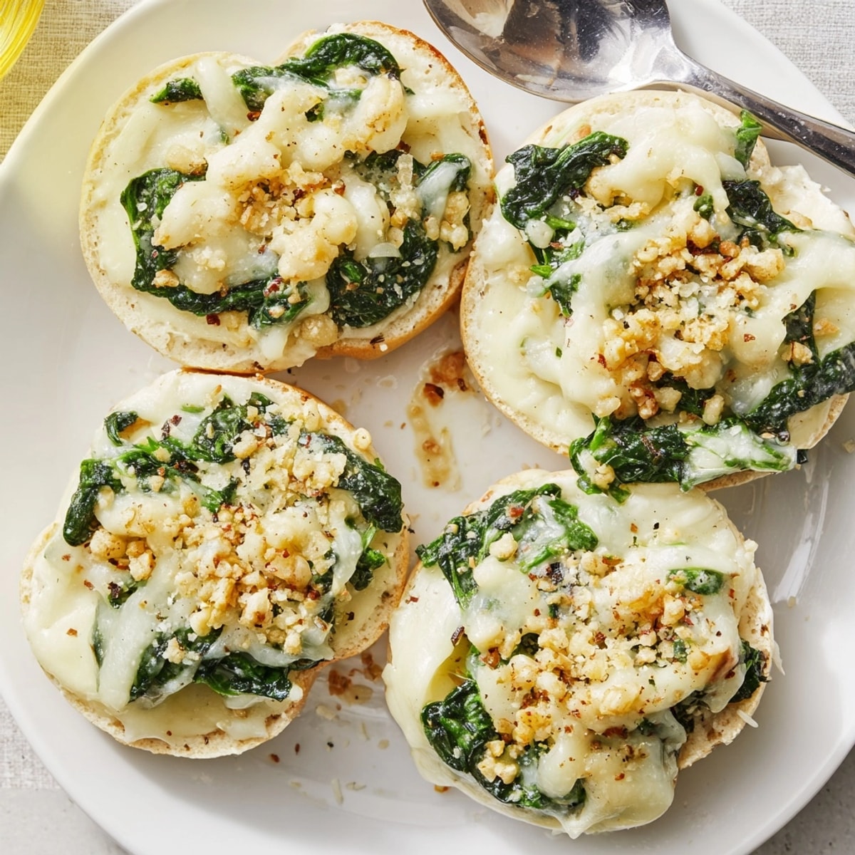 Creamy Alfredo Spinach Pizza Bagel Bites, baked until bubbly, ready for sharing.