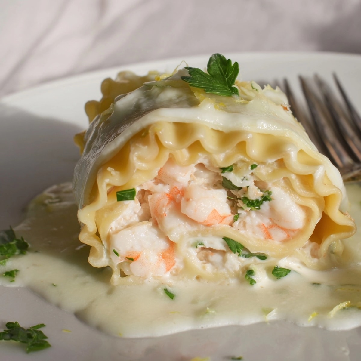 Making savory Shrimp Alfredo Lasagna Rolls &ndash; al dente pasta, cheesy filling, divine aroma.