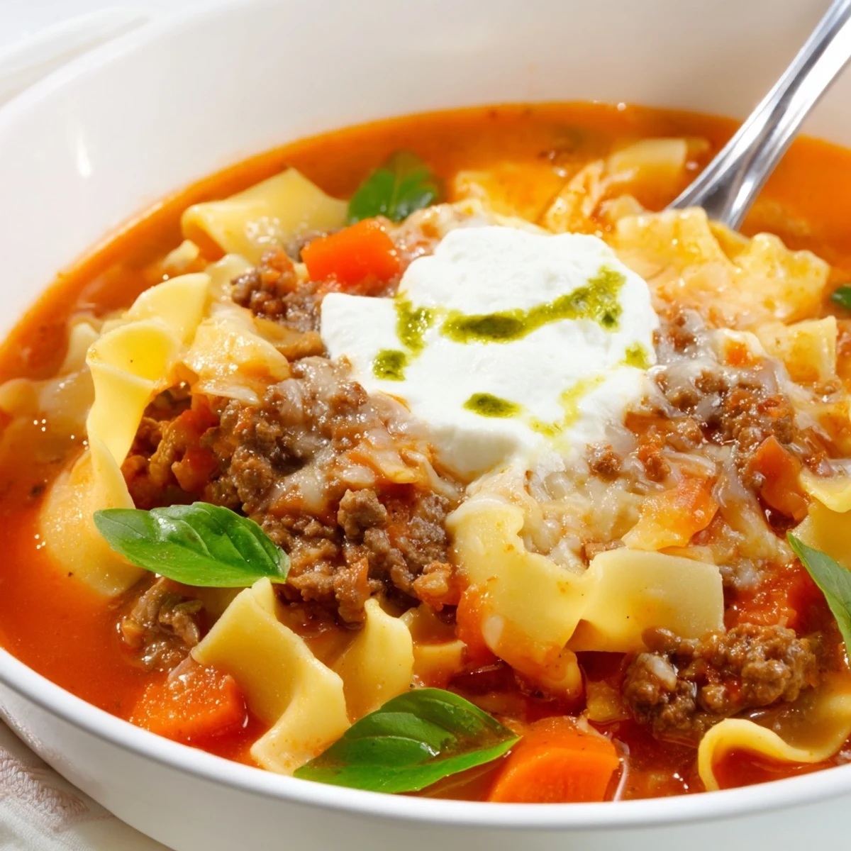 Rich lasagne soup with pesto drizzle, a delightful Italian comfort dish.  