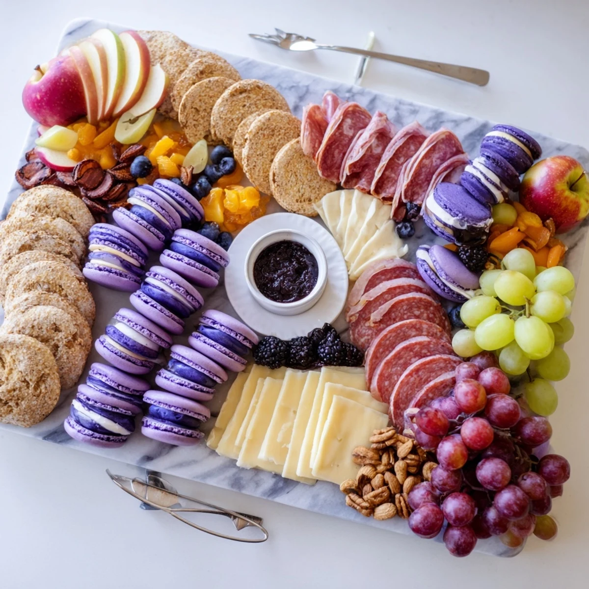 Delicious ube macarons nestled among cheeses and fresh fruits on a charcuterie board.  