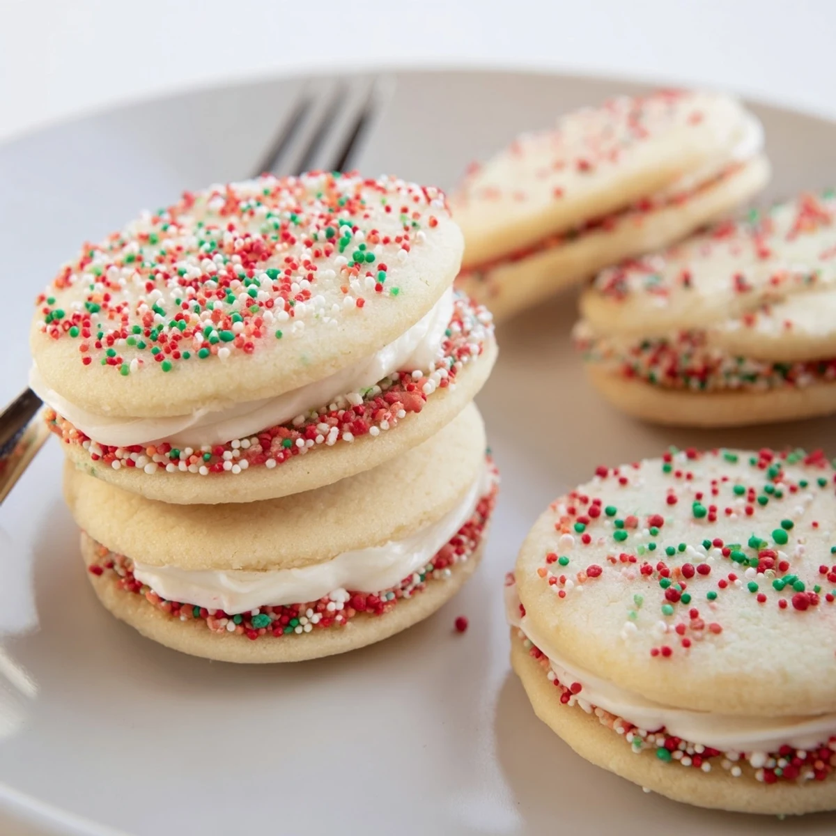 Buttery festive Christmas cookie sandwiches filled with creamy frosting and colorful sprinkles.  