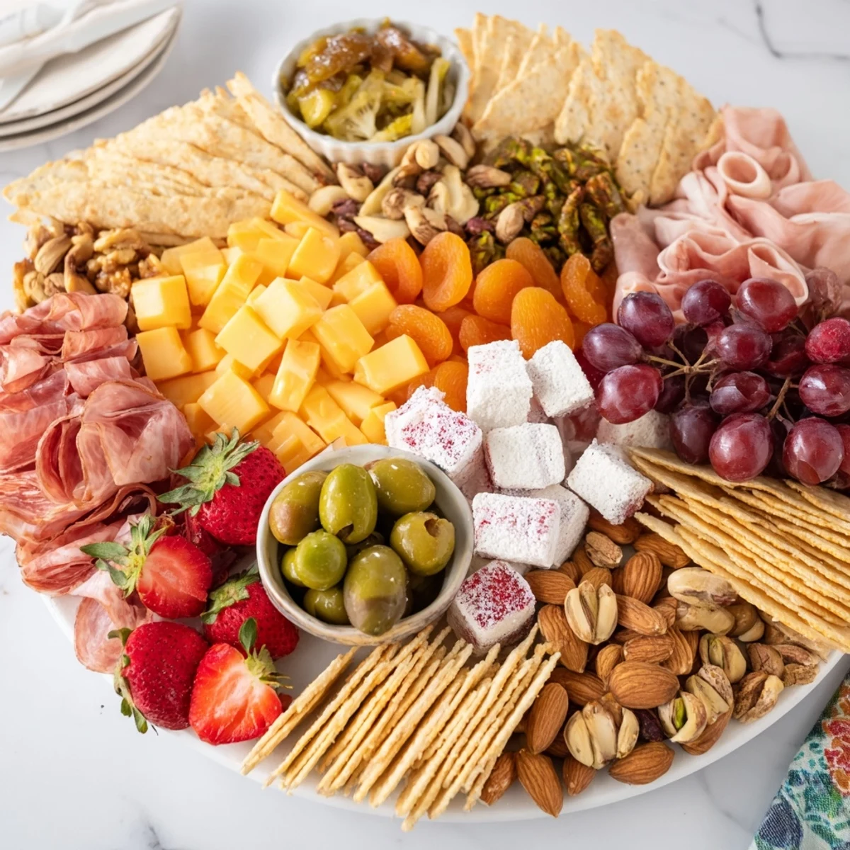 A colorful charcuterie board with cranberry marshmallows and assorted meats and cheeses.  