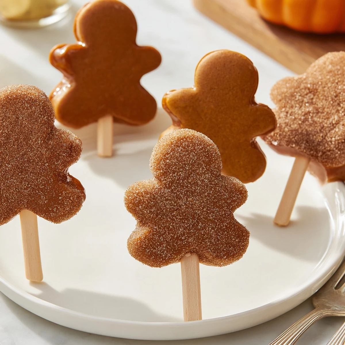 Gingerbread cookie pops coated in cinnamon sugar, perfect for holiday gifting and treats.  