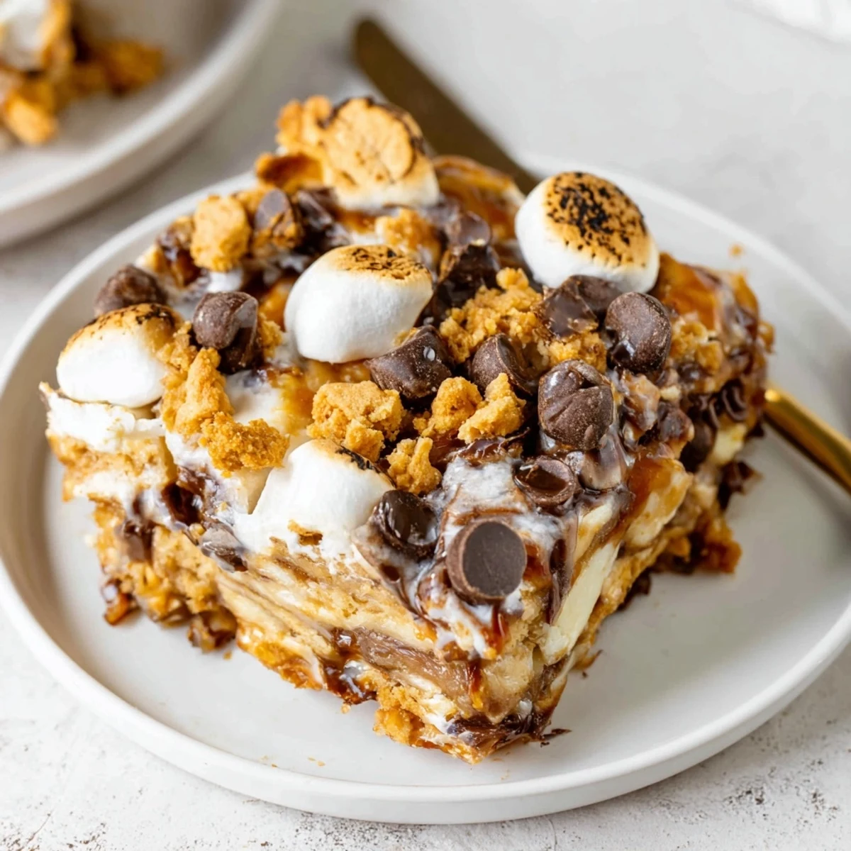 Decadent Smores Buffalo Ranch Biscuit Bars topped with melted chocolate and fluffy marshmallows.  