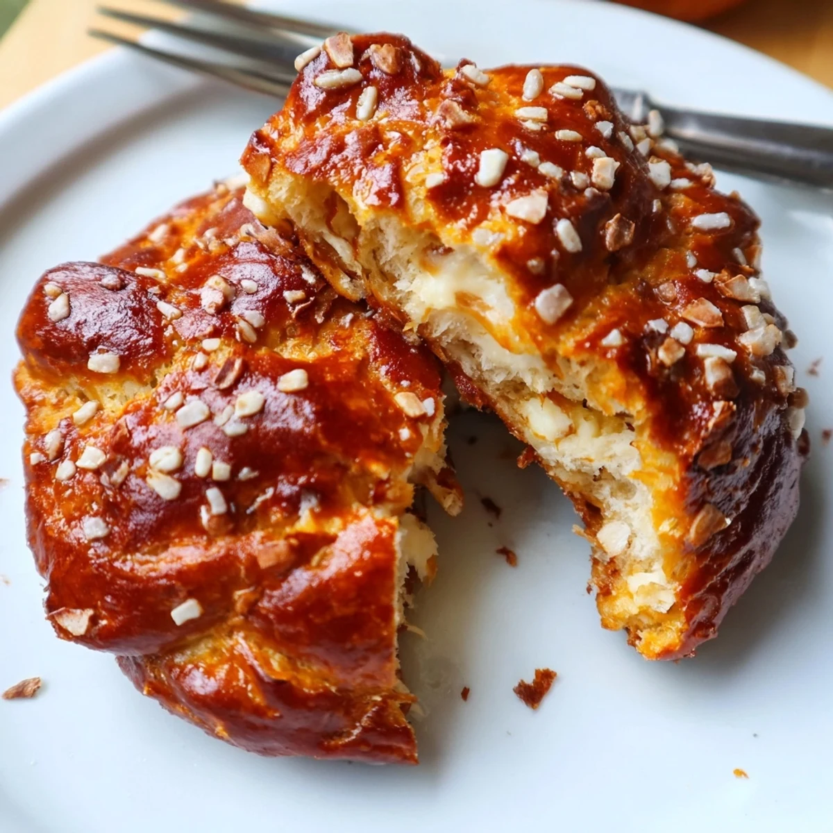 Savory cream cheese pretzel drop scones, warm and golden, served with mustard dip.  