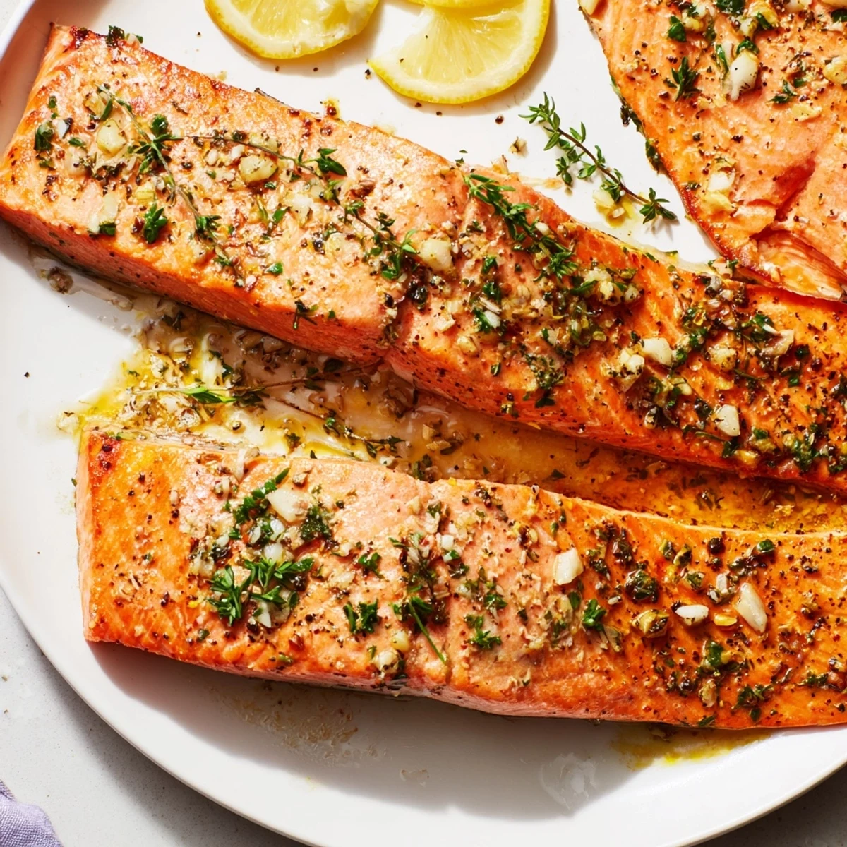 Festive Herb-Roasted Salmon garnished with fresh herbs and lemon wedges, perfect for celebrations.  