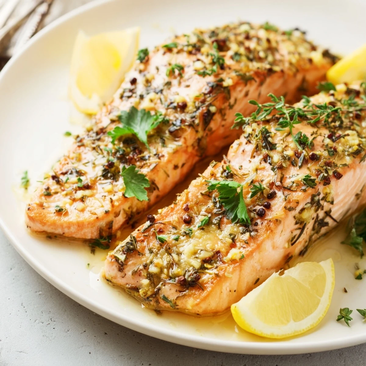 Elegant plate of Festive Herb-Roasted Salmon, beautifully presented with vibrant seasonal vegetables.