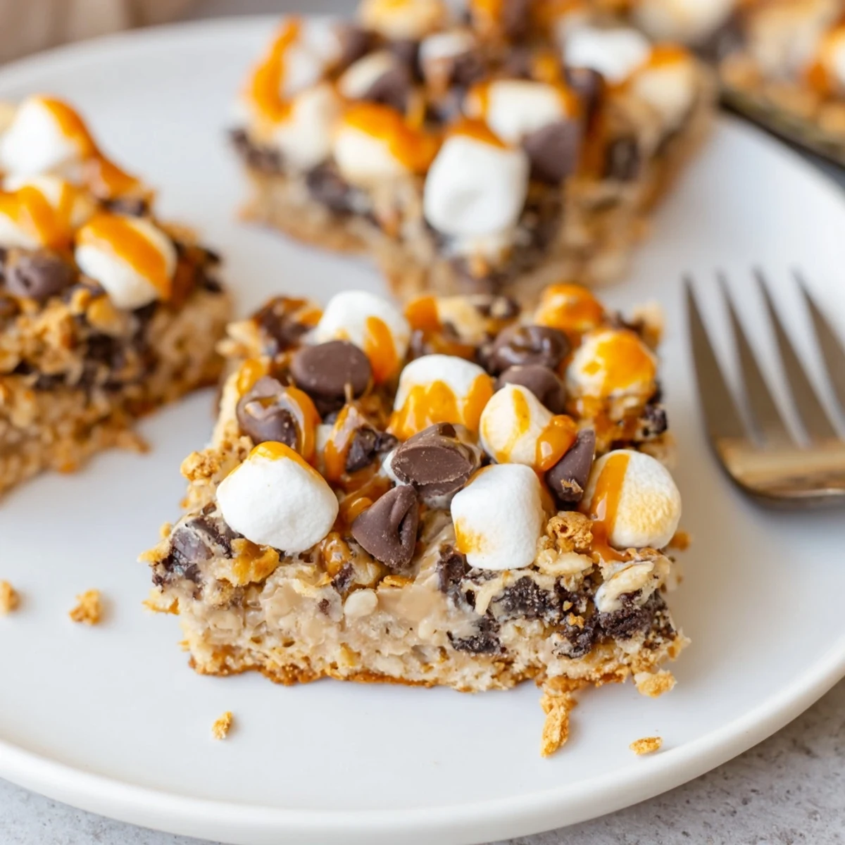 Decadent Smores Buffalo Ranch Biscuit Bars topped with melted chocolate and toasted marshmallows.  
