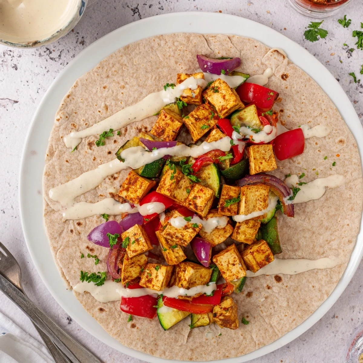 Colorful tortillas filled with tofu, fresh vegetables, and tangy tahini-yogurt sauce.