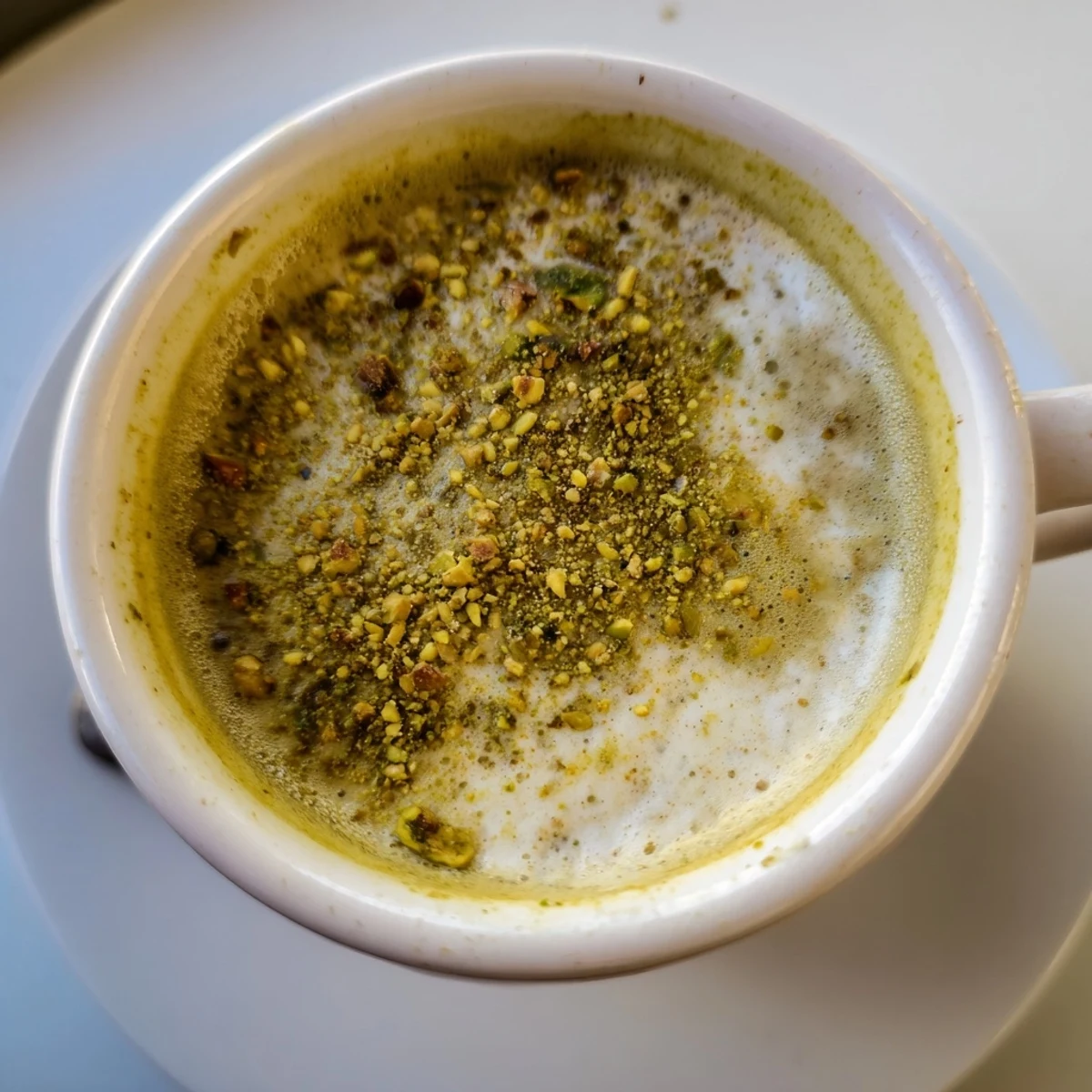 Creamy pistachio milk latte topped with crushed nuts, perfect for coffee lovers.  
