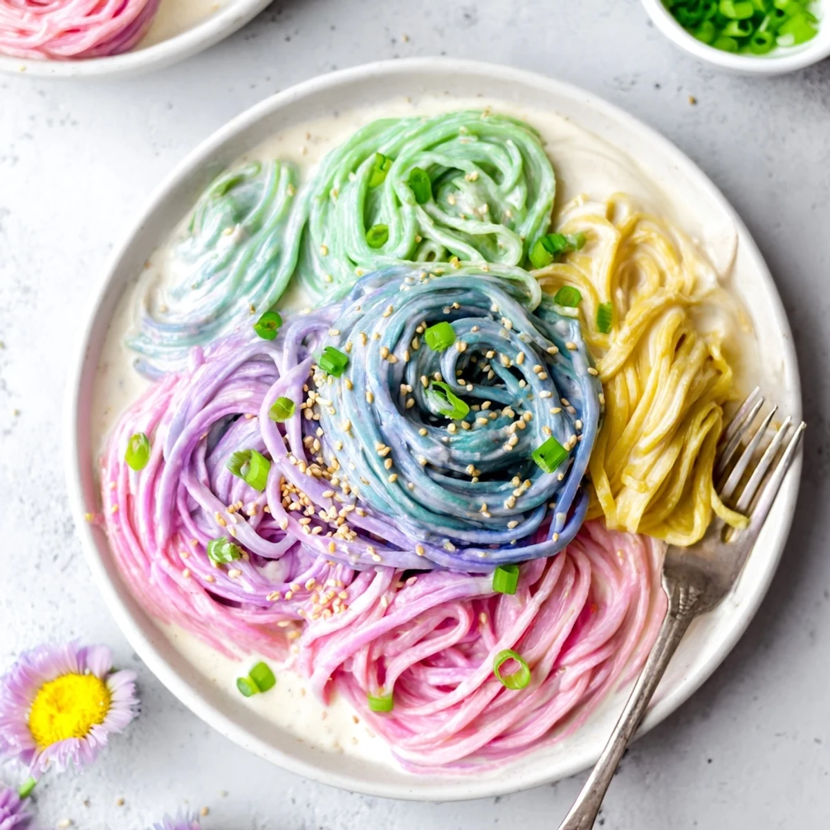 Colorful Neon Noodle Cloud topped with scallions, sesame seeds, and edible flowers for flair.  
