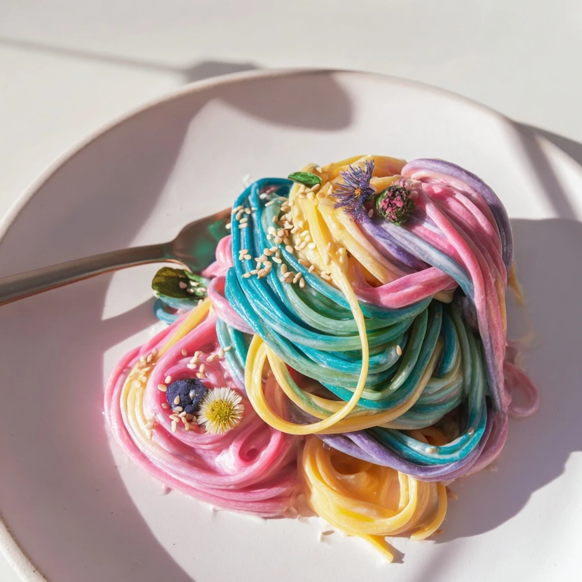 Whimsical Neon Noodle Cloud showcasing swirling noodles in a dreamy creamy sauce delight.