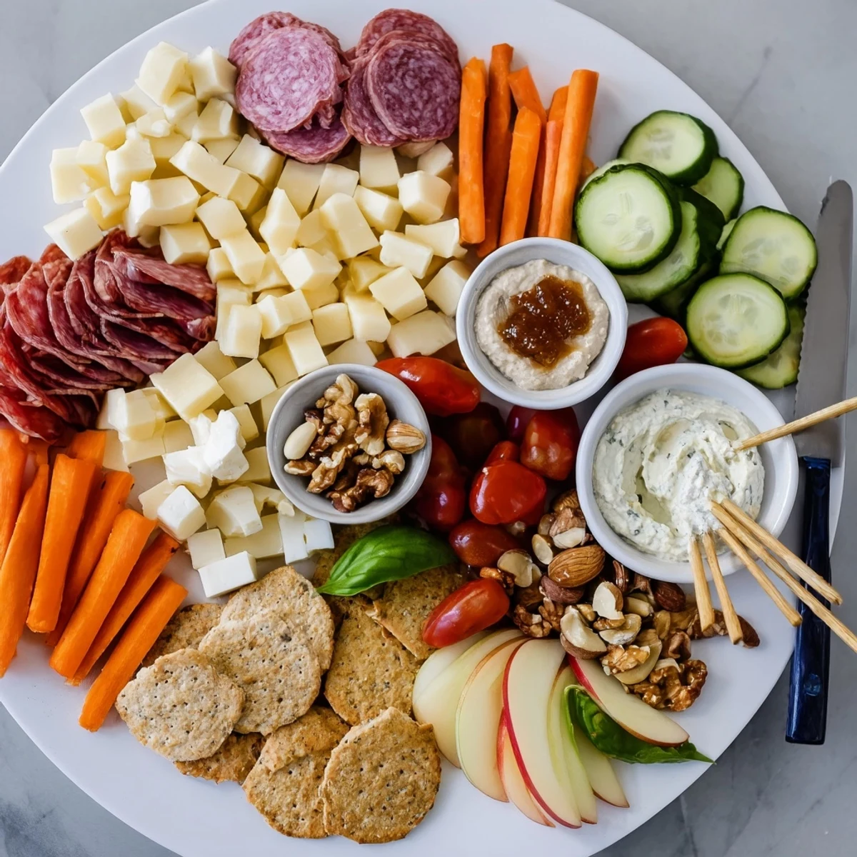 Delicious Girl Dinner Platter showcasing vibrant snacks and creamy cheeses for sharing.  