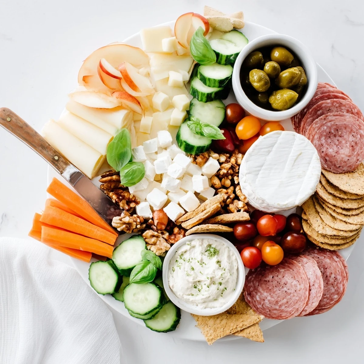Elegant Girl Dinner Platter brimming with fresh veggies, meats, and gourmet dips.