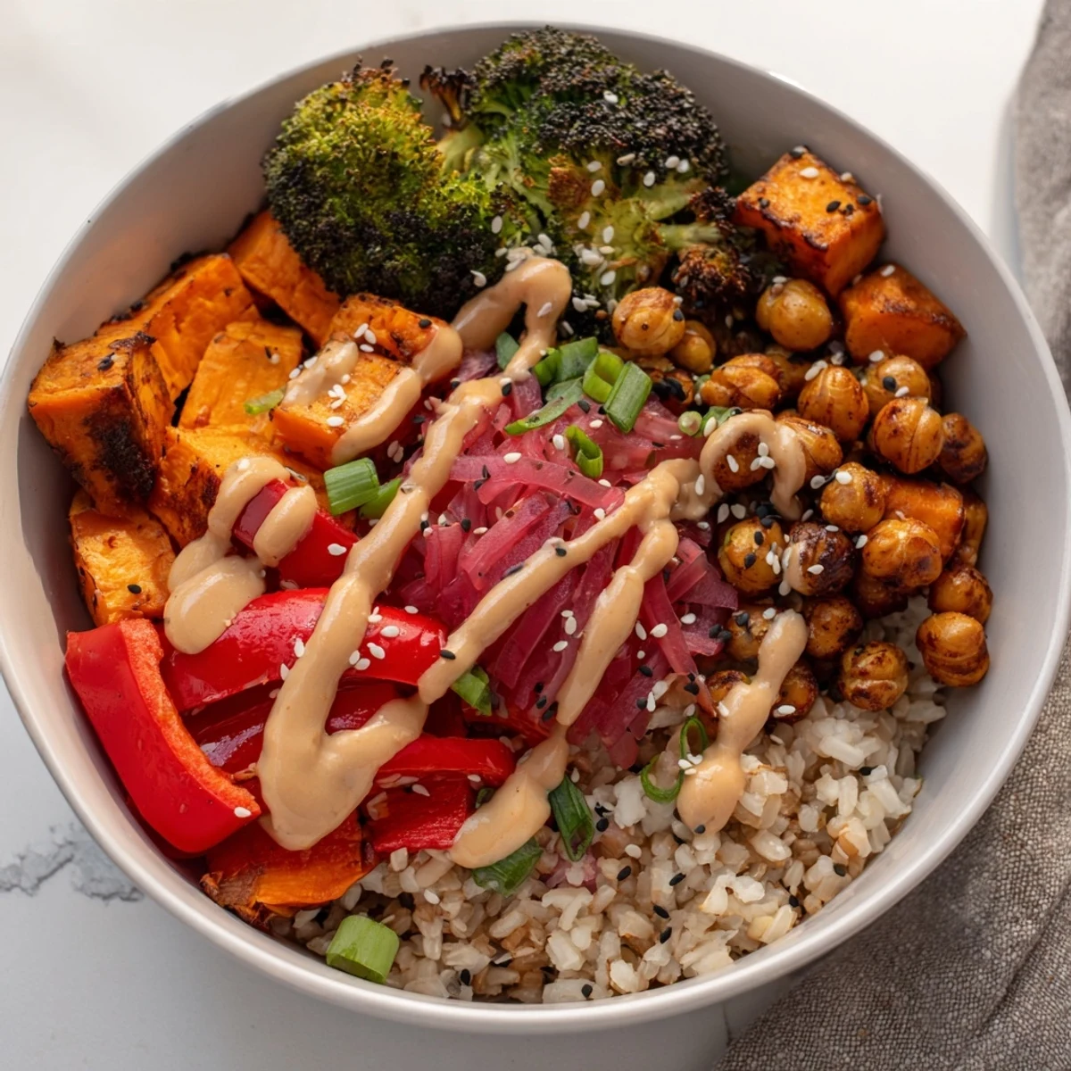 Colorful grain bowls featuring miso-butter sauce atop roasted vegetables and chickpeas.  