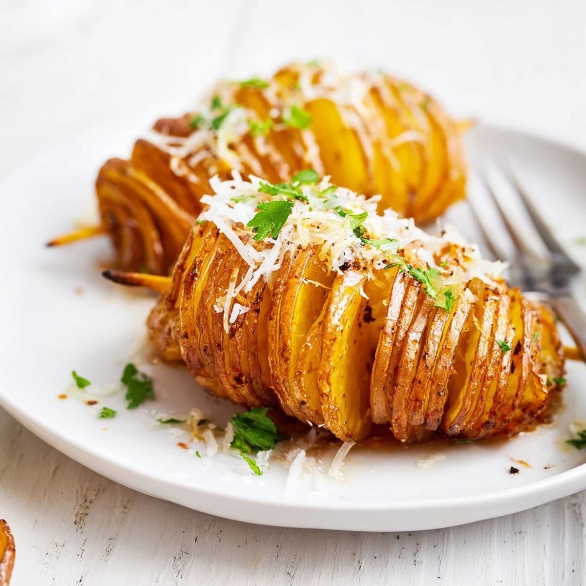 Golden, spiral-cut air-fryer tornado potatoes sprinkled with Parmesan and herbs.  