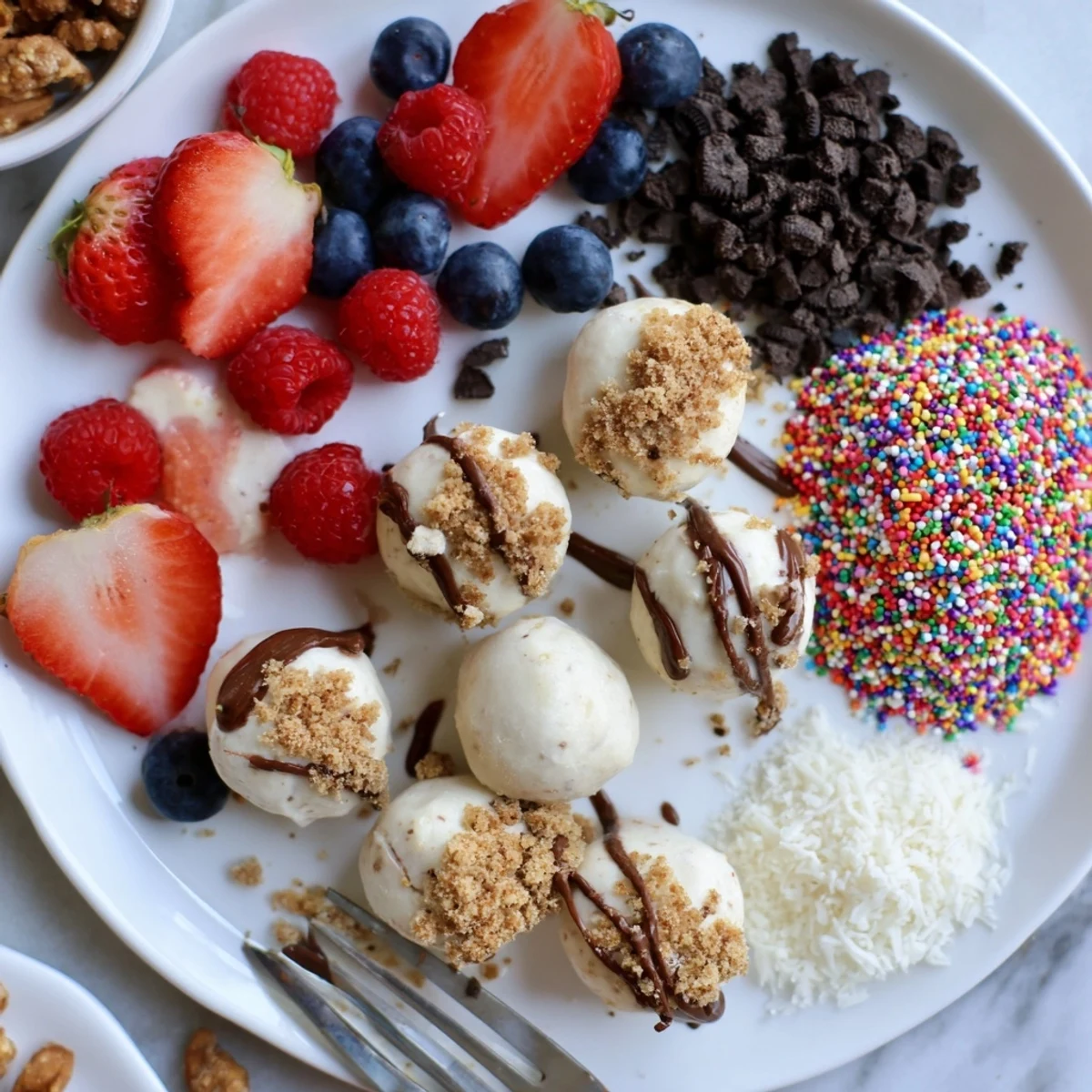 Deconstructed dessert board showcasing creamy cheesecake bites with colorful toppings.  