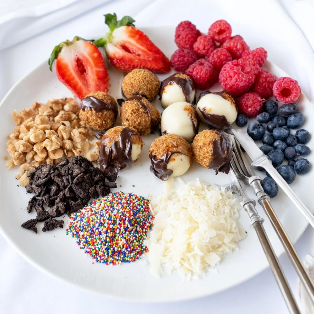Interactive cheesecake bites on a rustic platter, perfect for a fun gathering.  