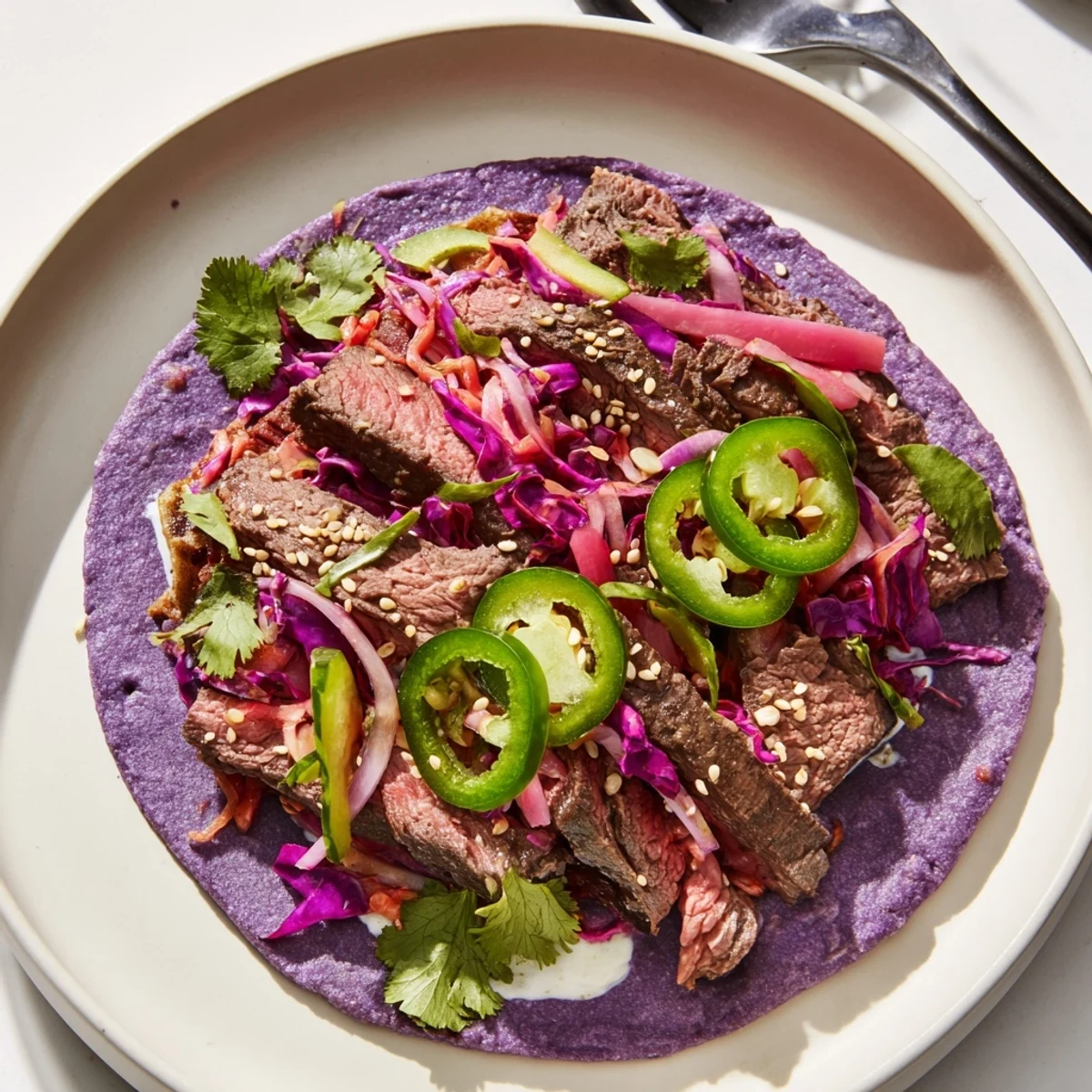 Vibrant Global Street-Food Fusion Tacos topped with spicy kimchi and colorful veggies.  