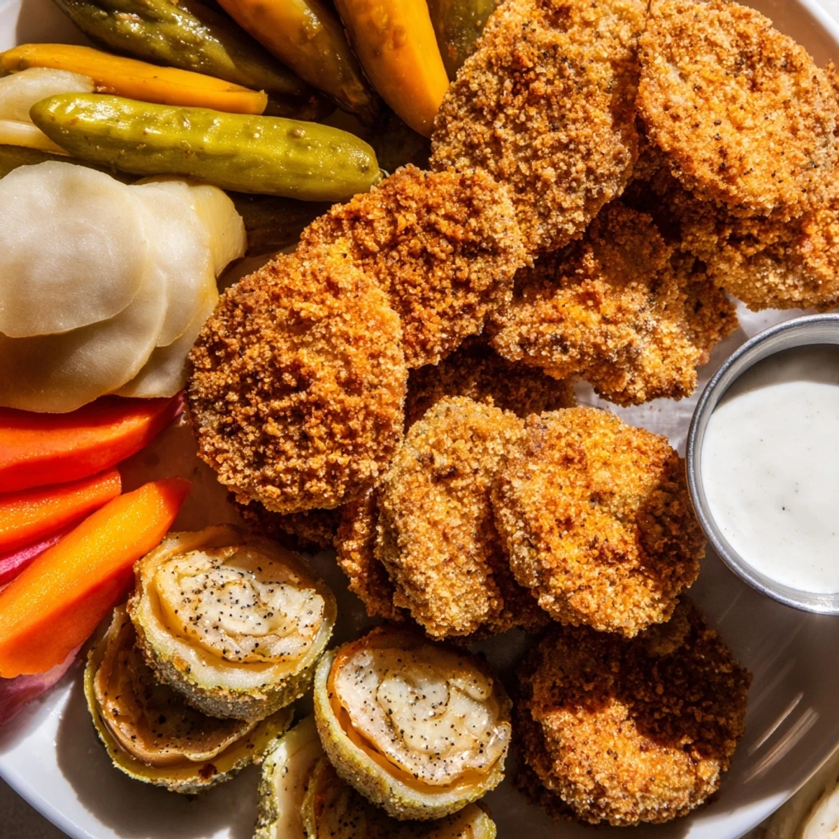 Crunchy fried pickles and vibrant pickled vegetables create the ultimate pickle lovers meal.  