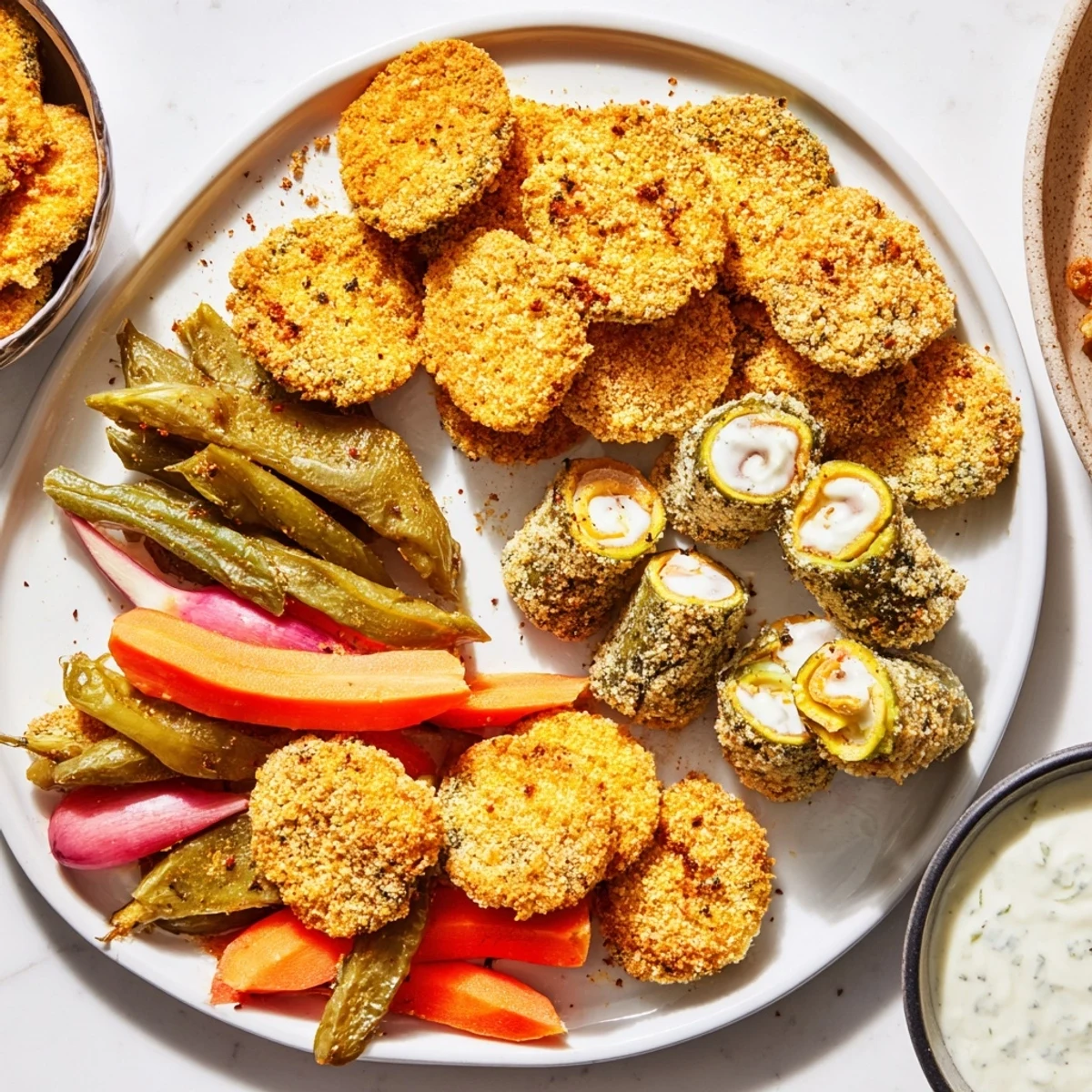 Savory and tangy pickle lovers meal featuring crispy fried pickles and assorted pickled veggies.