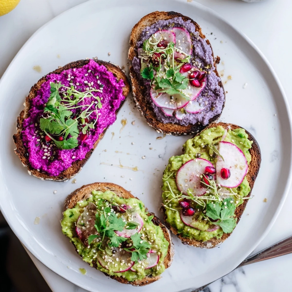 Delicious Bright & Bold Breakfast Toasts featuring creamy spreads and fresh garnishes for brunch.