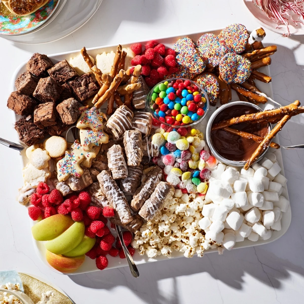An inviting arrangement of holiday-themed snacks and fresh fruits on a wooden board.