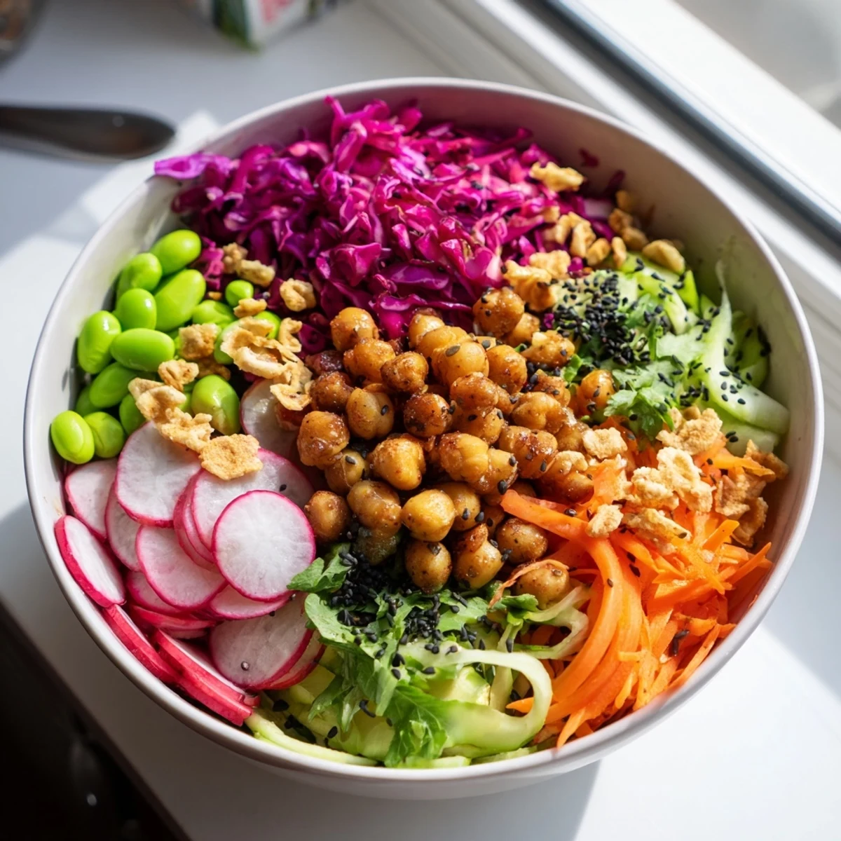 Delicious ASMR Crunch Snack Bowls showcasing textures of crisp veggies and chickpeas.  