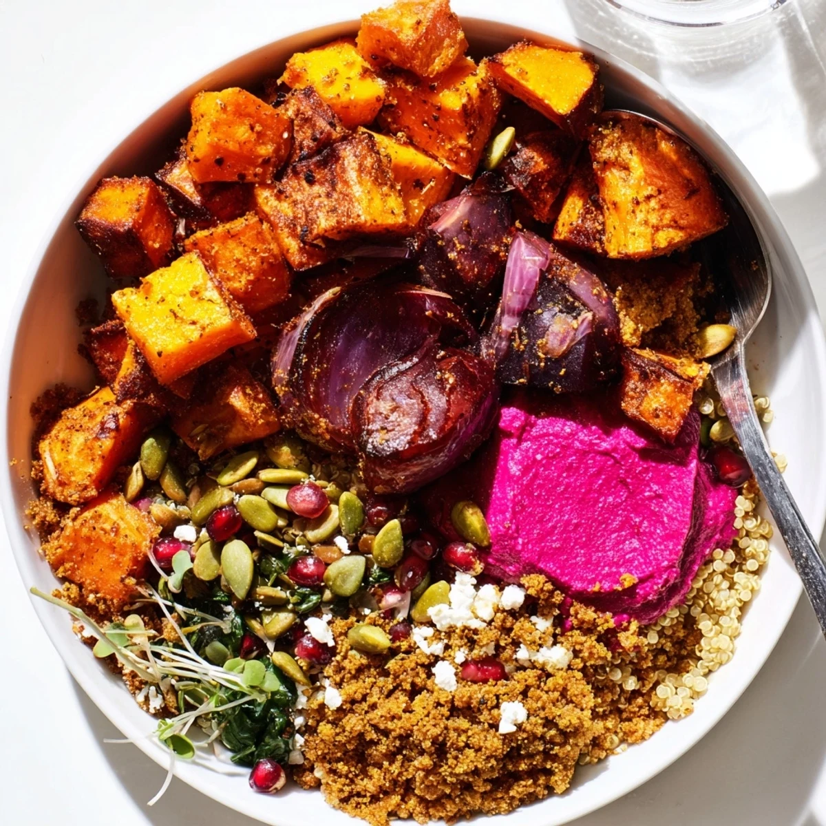 Warm spiced winter bowls with roasted vegetables and vibrant ube-coconut purée.