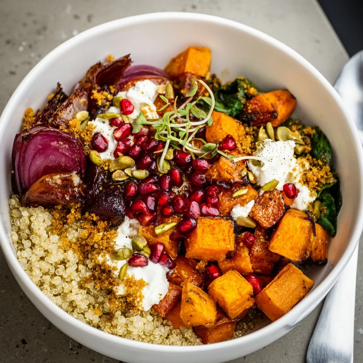 A cozy spiced winter bowl topped with crunchy pistachio-maple crumble and greens.
