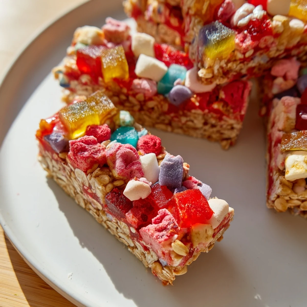 Homemade gummies mix with a crunchy oat base in these chewy snack bars.