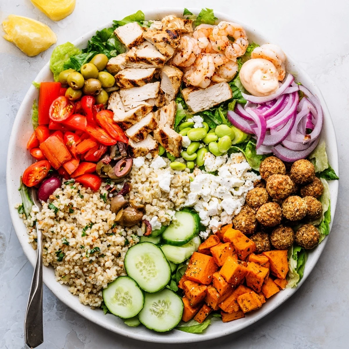 Create your own unique meal with shrimp, roasted sweet potatoes, and flavorful dressings.