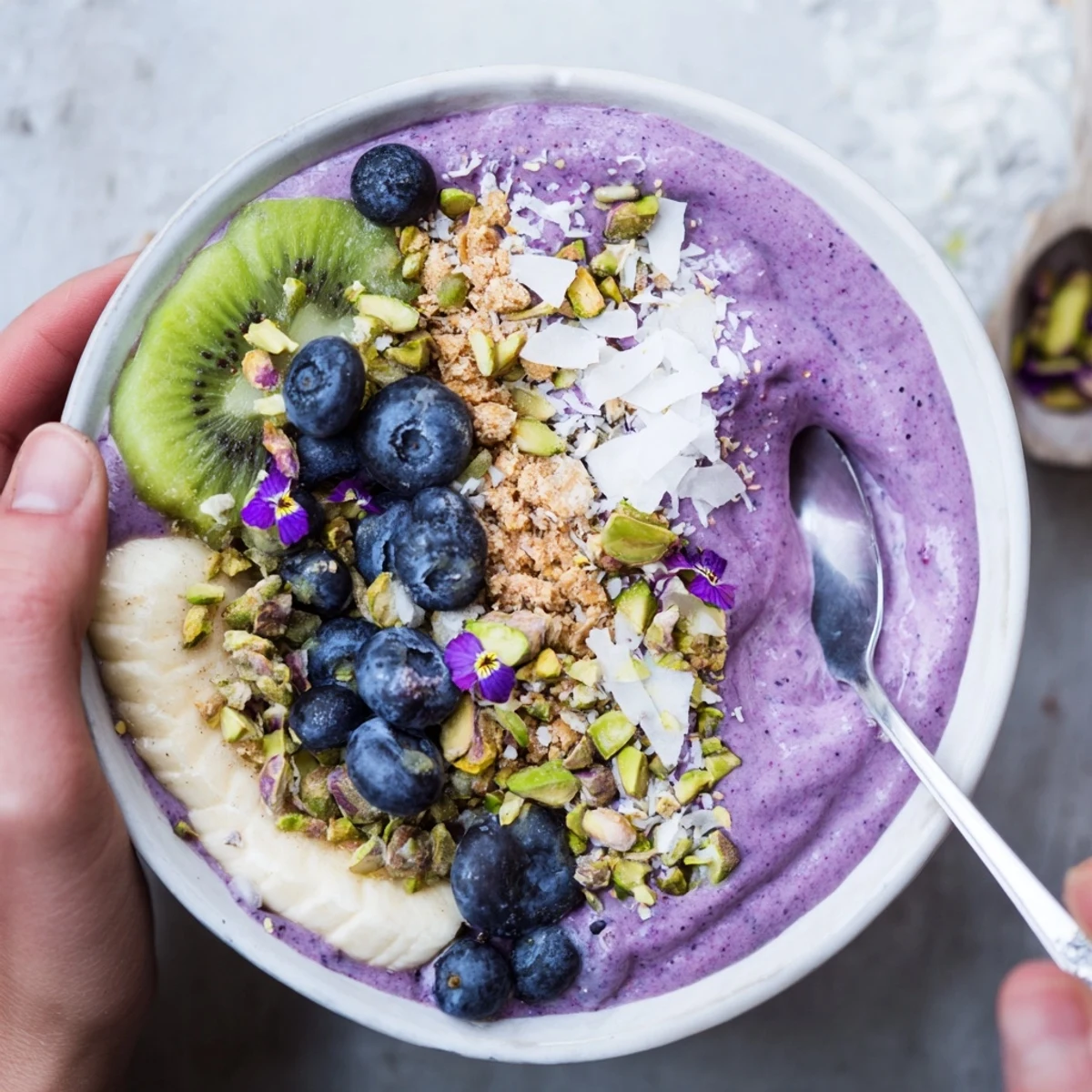 Luscious smoothie bowl with purple yam and granola, adorned with edible flowers.