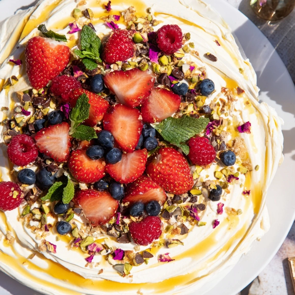 Delicious Butter Board Dessert featuring whipped cream cheese, drizzled with honey and fresh mint.  