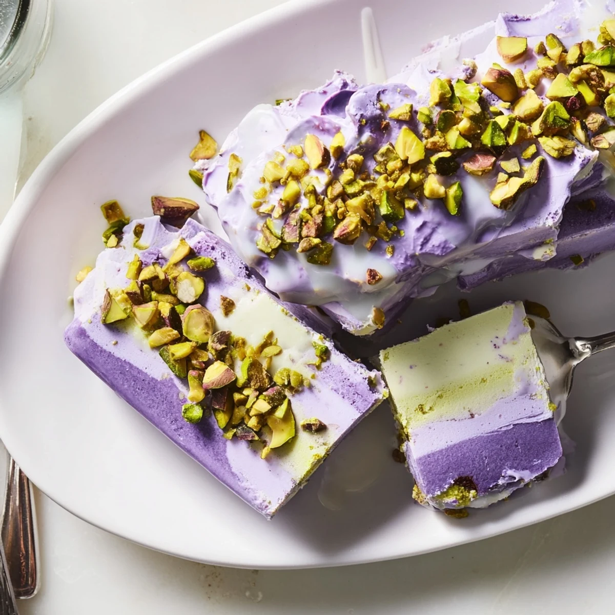 Creamy ube and pistachio ice cream bars, perfect for a summer dessert.  