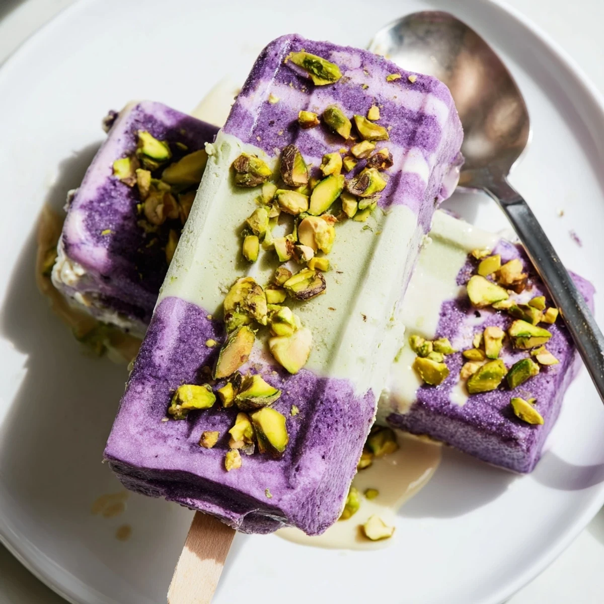 Vibrant ube and nutty pistachio ice cream bars, a refreshing sweet treat.