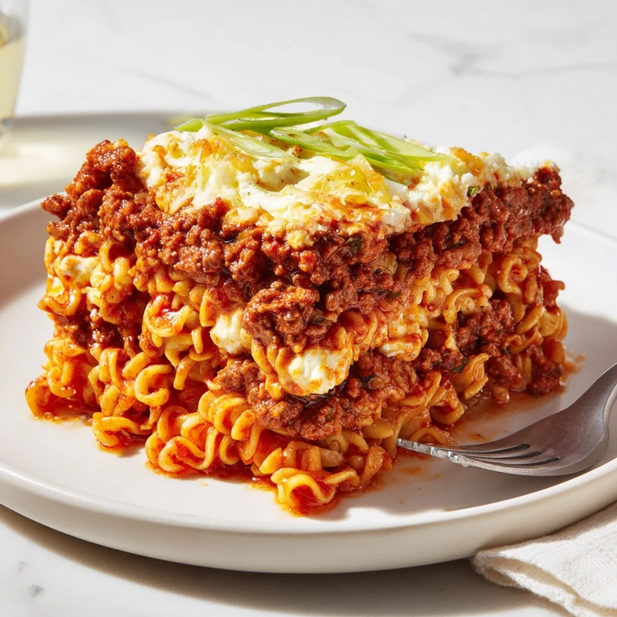 A comforting Spicy Ramen Lasagna topped with golden melted cheese and herbs.  