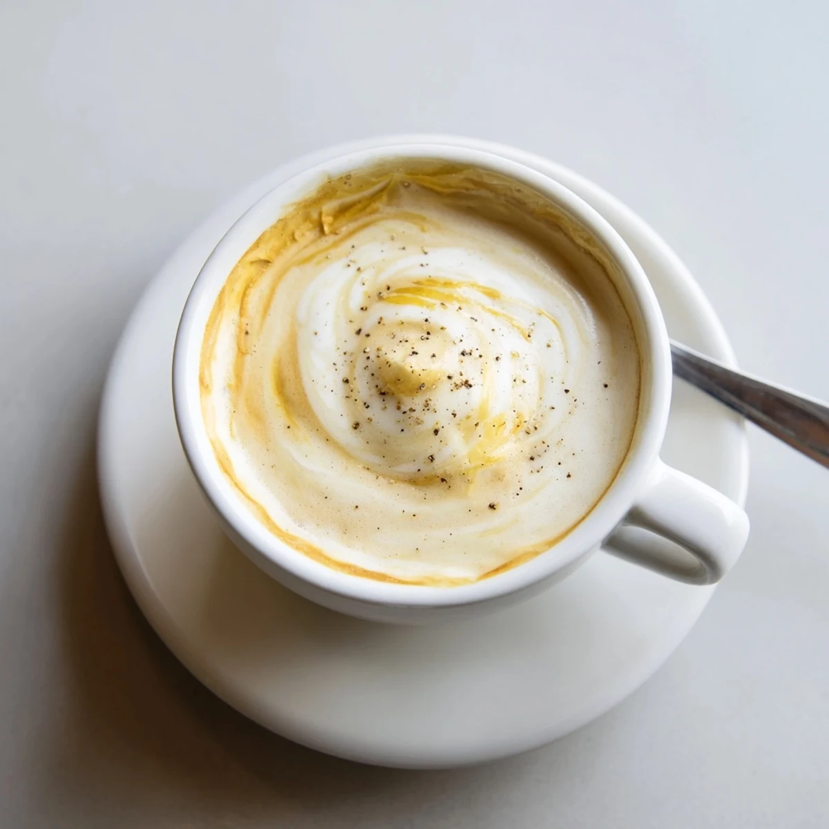 Caramelized onion latte topped with frothy milk, a savory coffee innovation.  