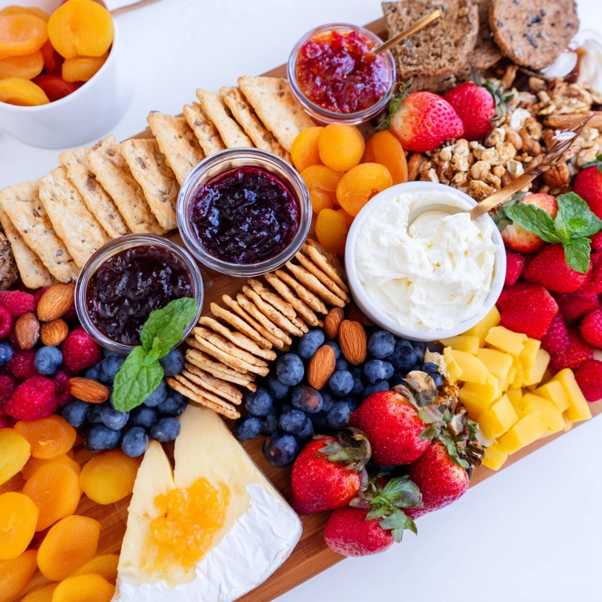 A colorful jam-infused brunch board overflowing with fresh fruits and artisan cheeses.  