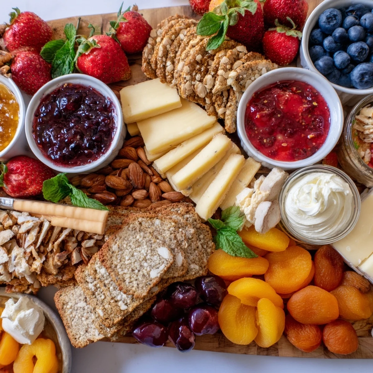 Vibrant brunch board featuring strawberry jam, fresh berries, and crusty artisan breads.  