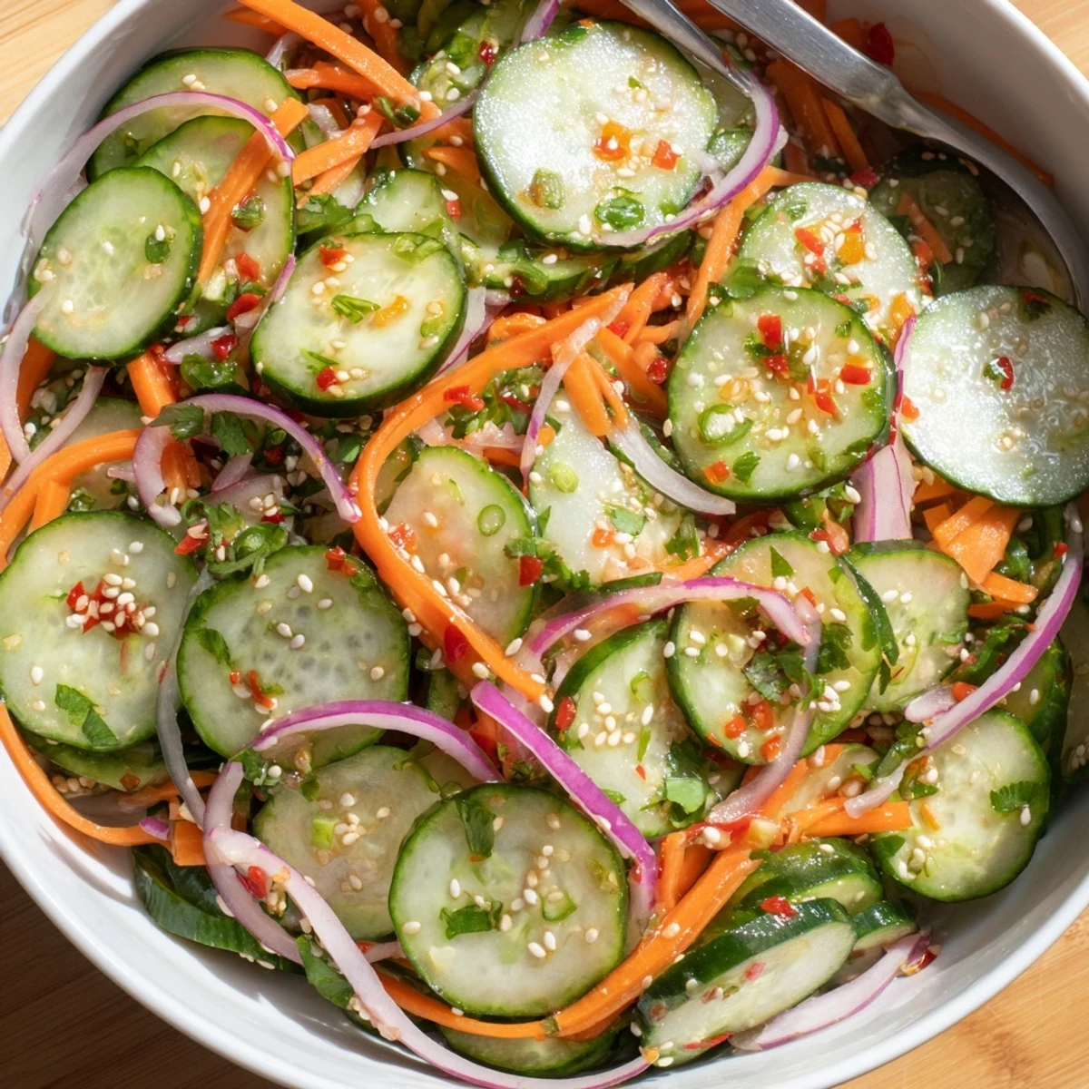 Vibrant cucumber salad remix combined with crunchy vegetables and a flavorful Asian dressing.  