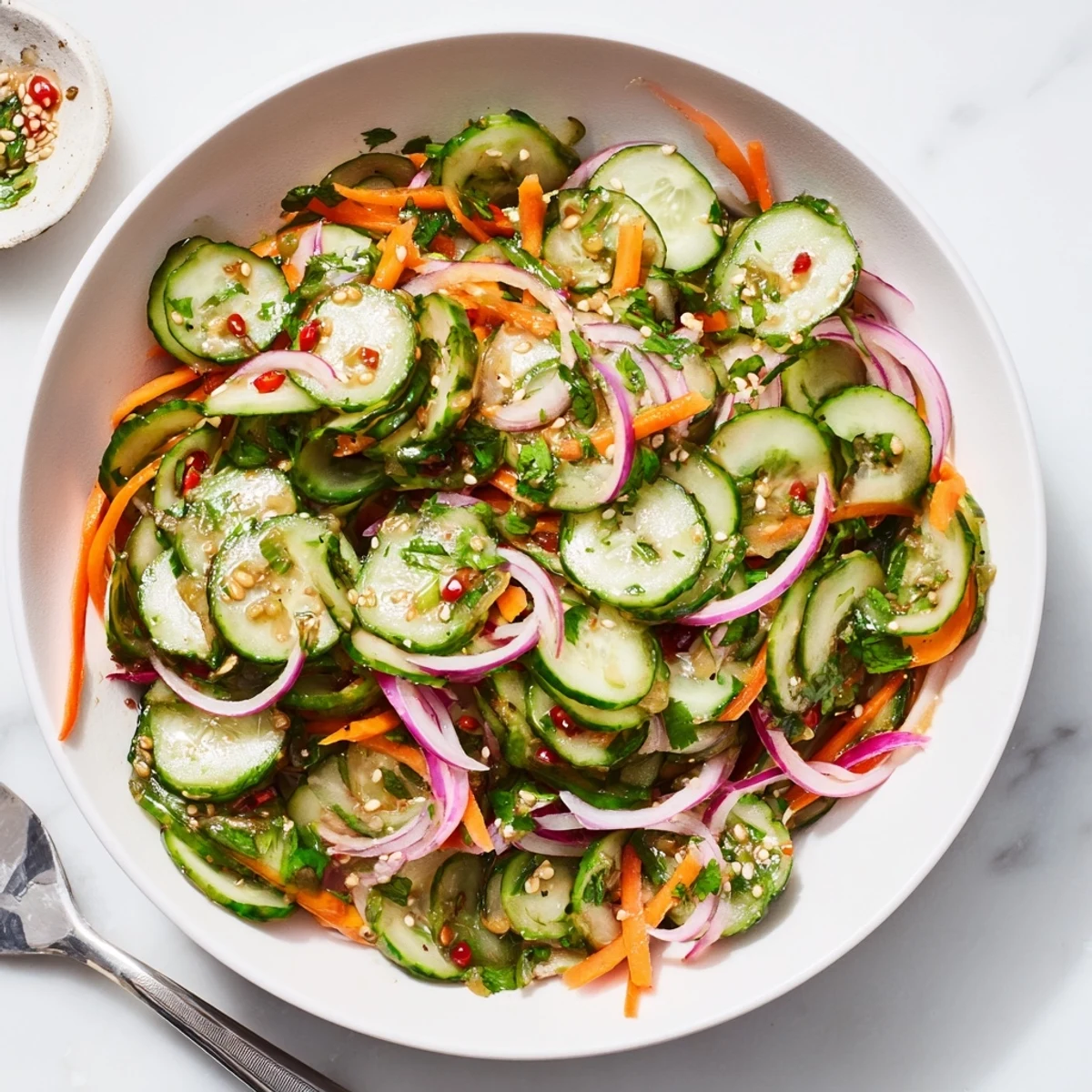 Colorful cucumber salad remix topped with sesame seeds and fresh herbs for added flavor.