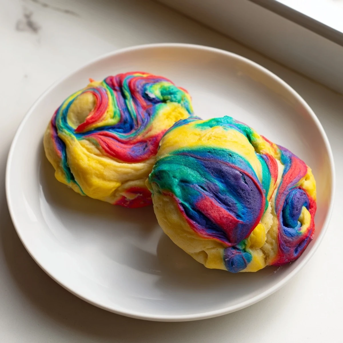 Fluffy cloud bread in rainbow colors, perfect for festive breakfast gatherings.  