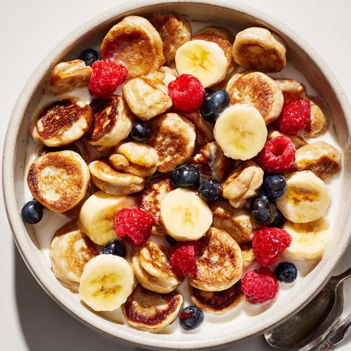 Adorable mini pancake cereal served with fresh berries and syrup for breakfast.  