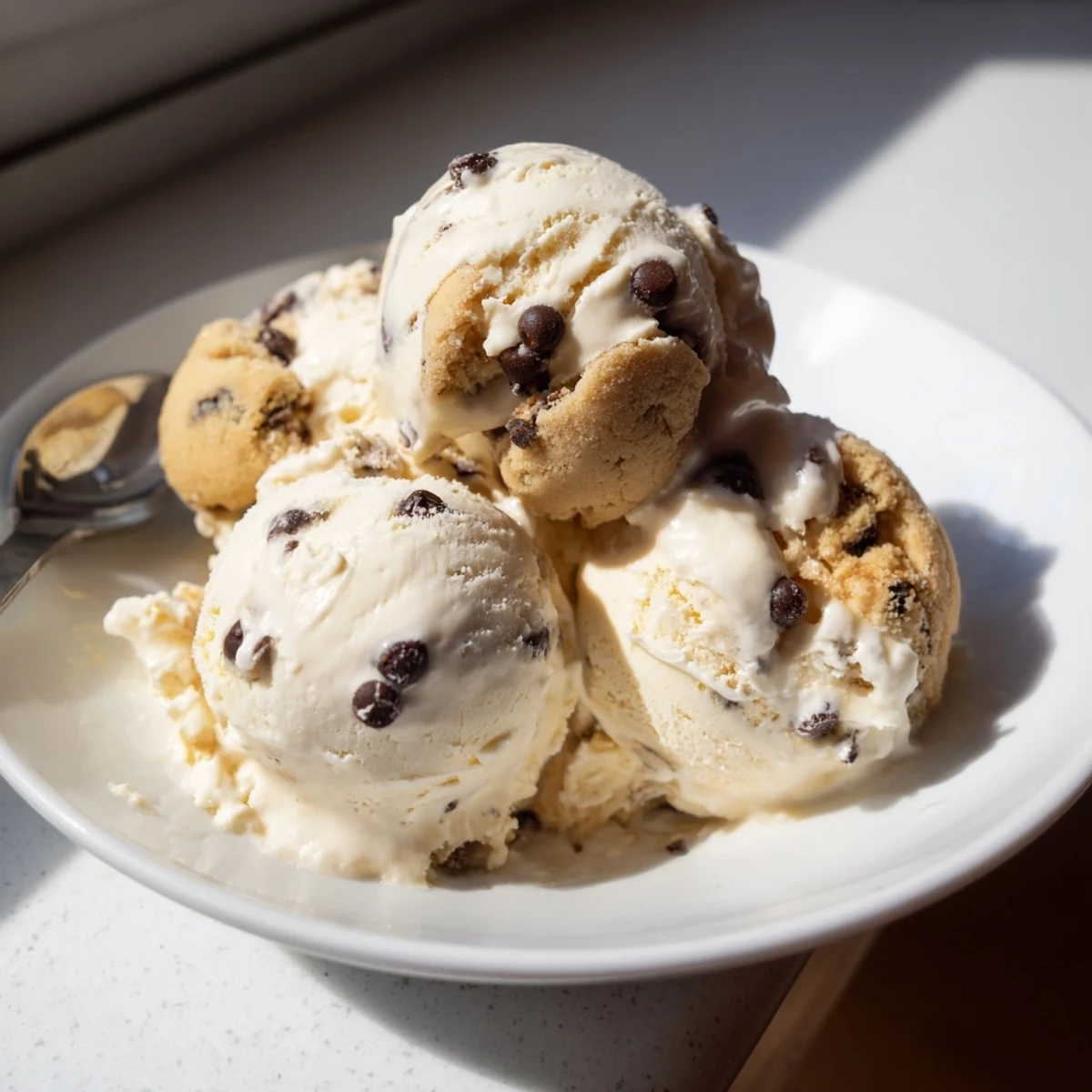 Delicious homemade cottage cheese ice cream topped with rich edible cookie dough pieces.