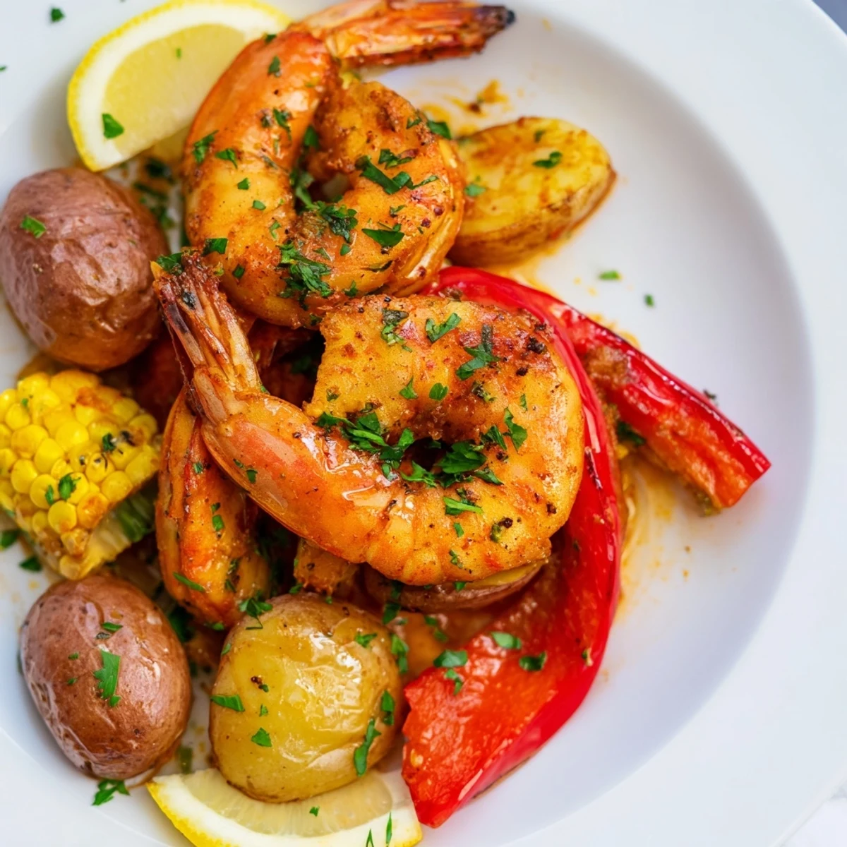 Vibrant Cajun shrimp & sweet corn platter with roasted potatoes and lemon wedges.  